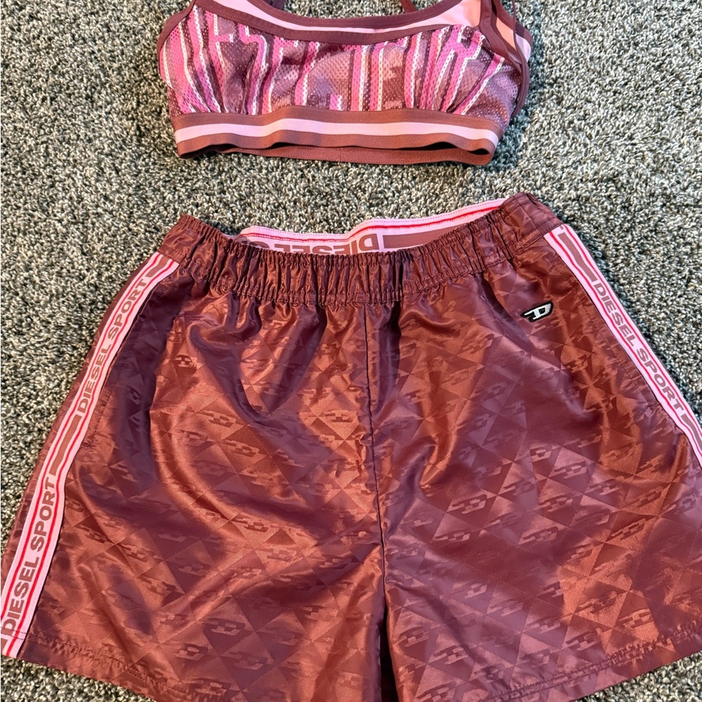 Diesel Pink Maroon Athletic Crop Top and Shorts Set